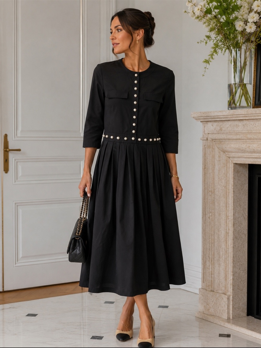 Black Pearl-Accent Midi Dress